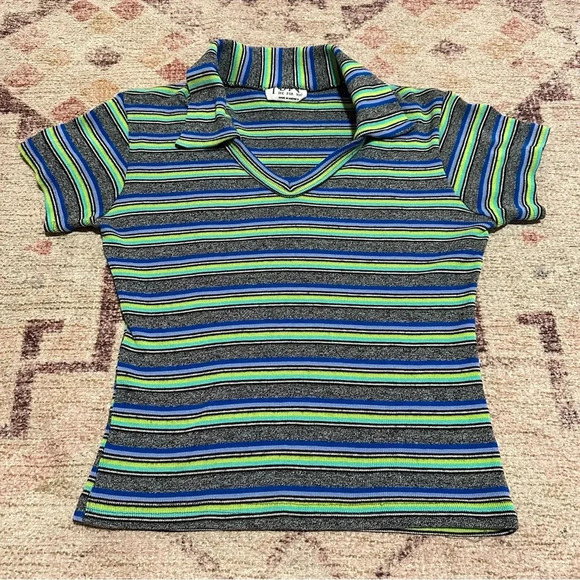 Vintage Y2K Blue gray and green striped collared polo shirt - Picture 7 of 10
